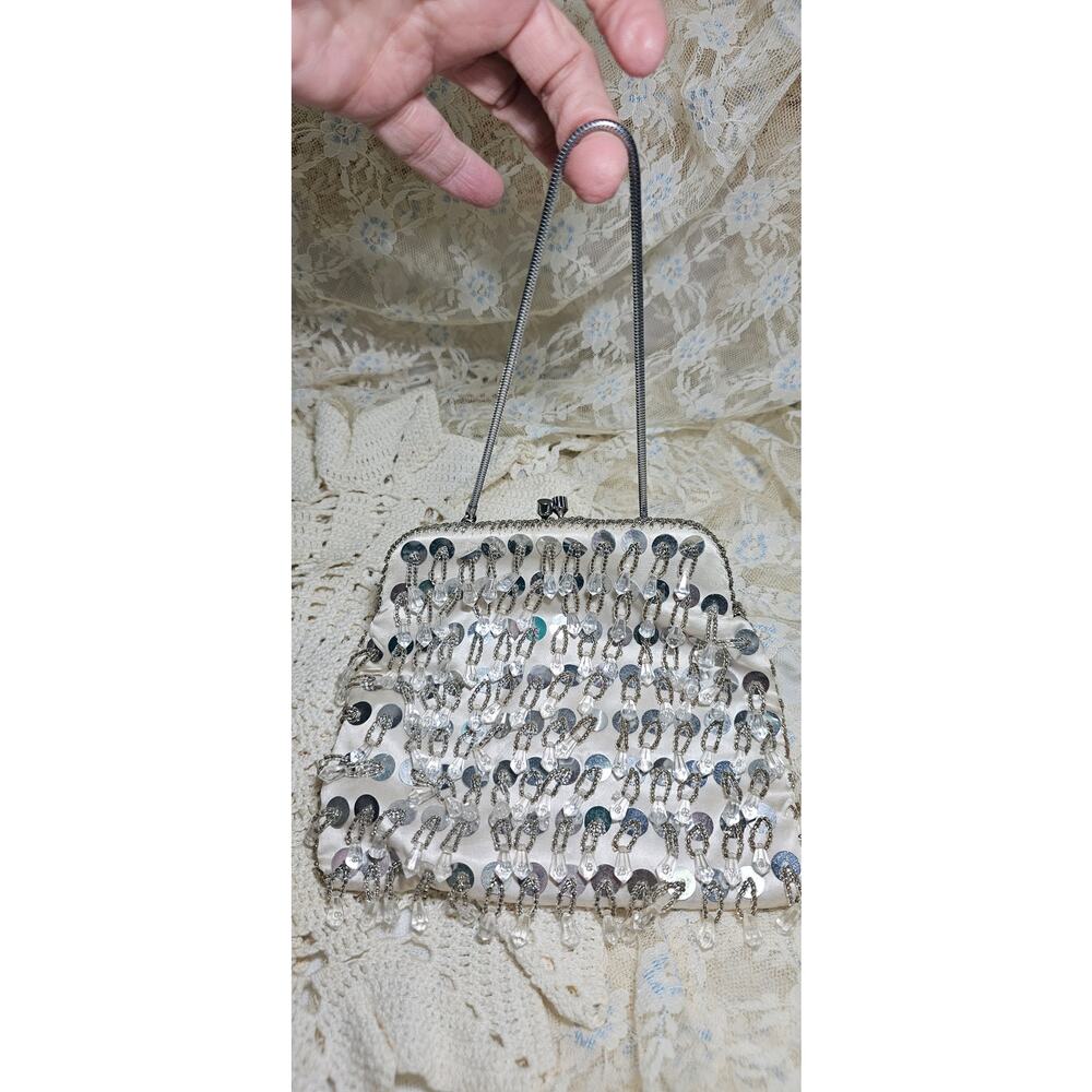 Vintage White Satin Sequined Evening Purse, Cha Cha bag